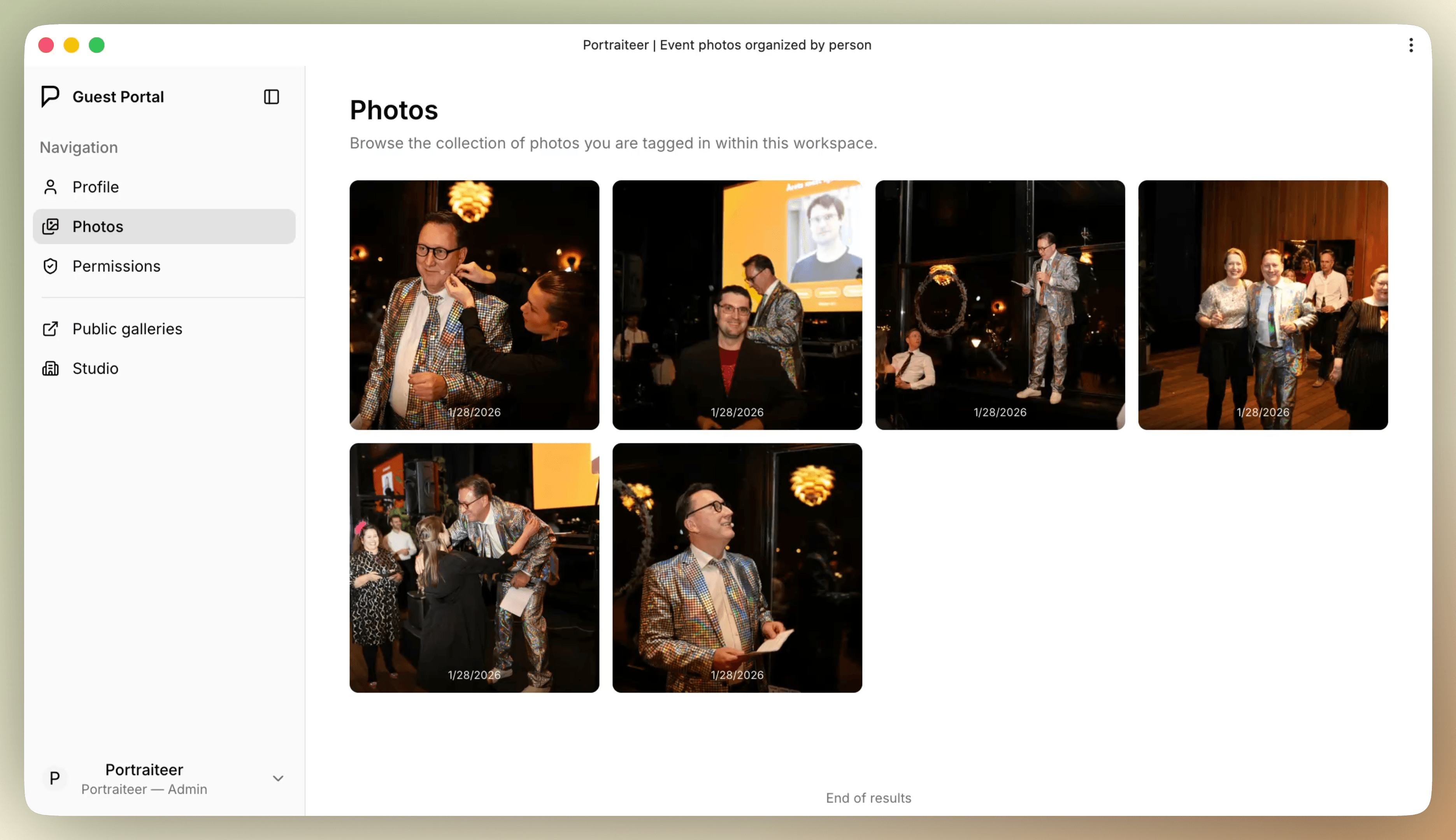 UI preview of the guest portal for a sample invitee in the Portraiteer app