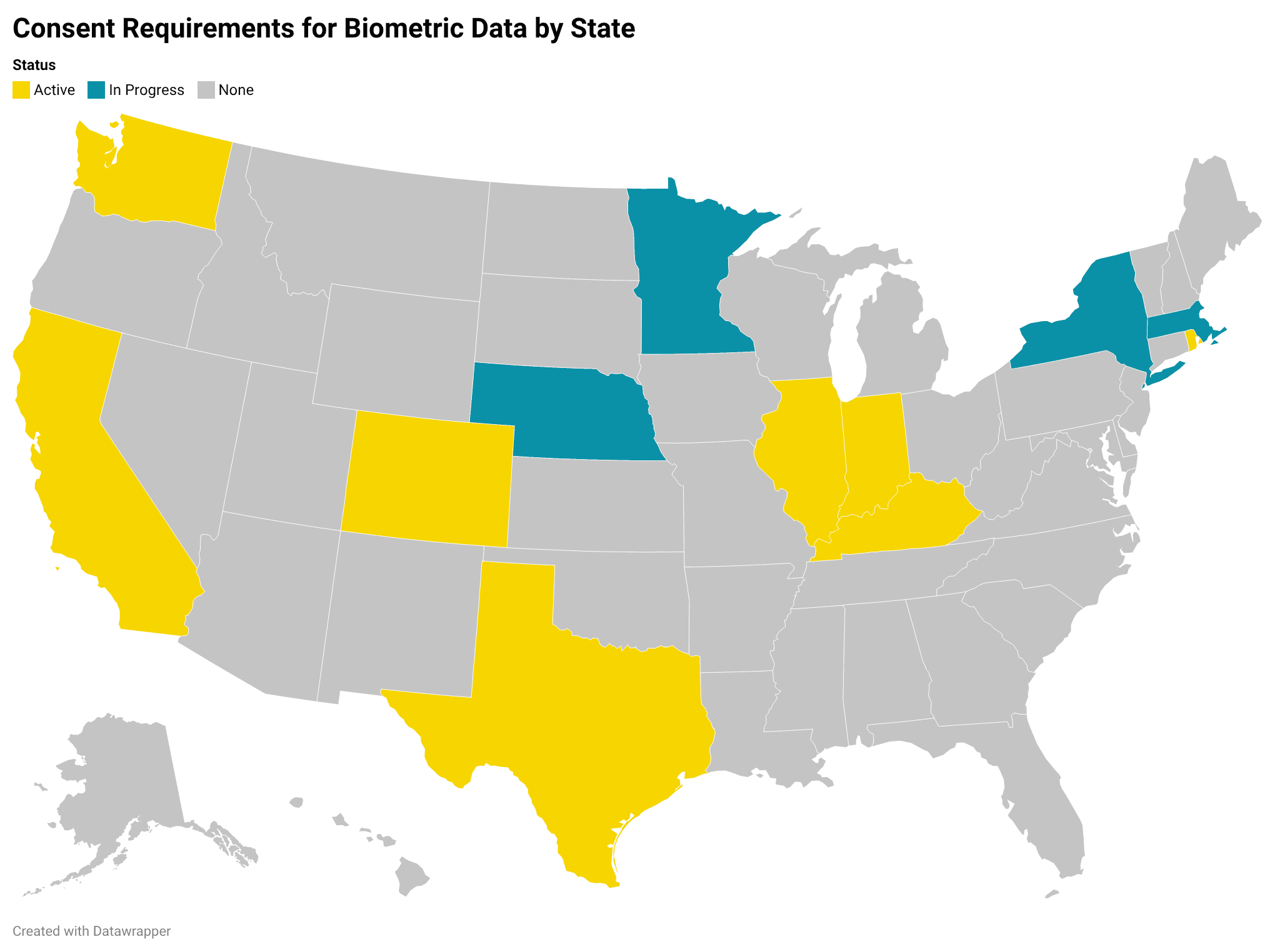 Map of the US states with active or pending laws in place for consent to biometric processing