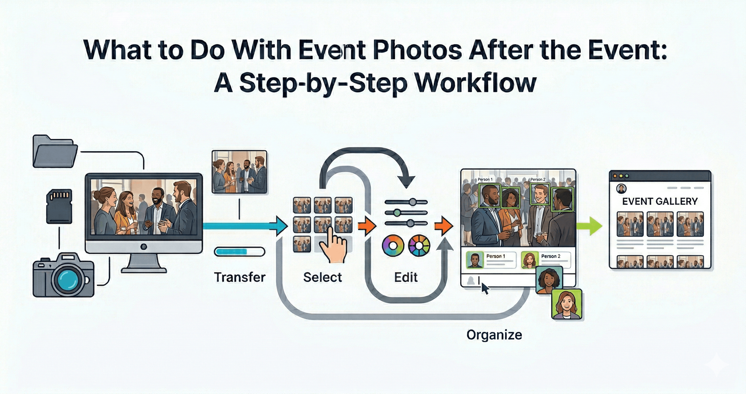 Workflow for processing photos, tagging people, and sharing photos after an event.