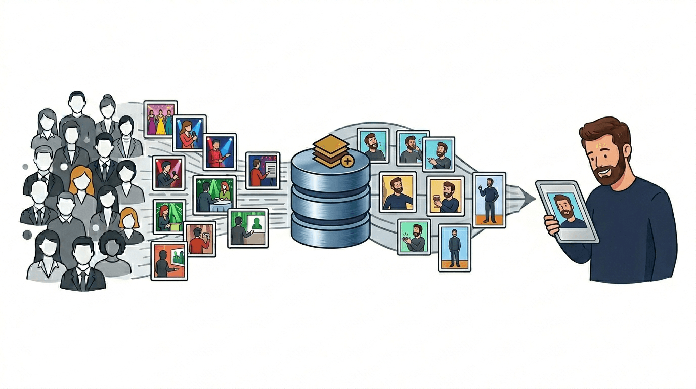 A collection of event guests get many event photos taken of them, which are organized and streamlined to deliver a personalized set of photos to a single guest.